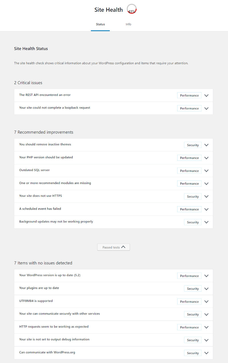 WordPress security - Site Health score